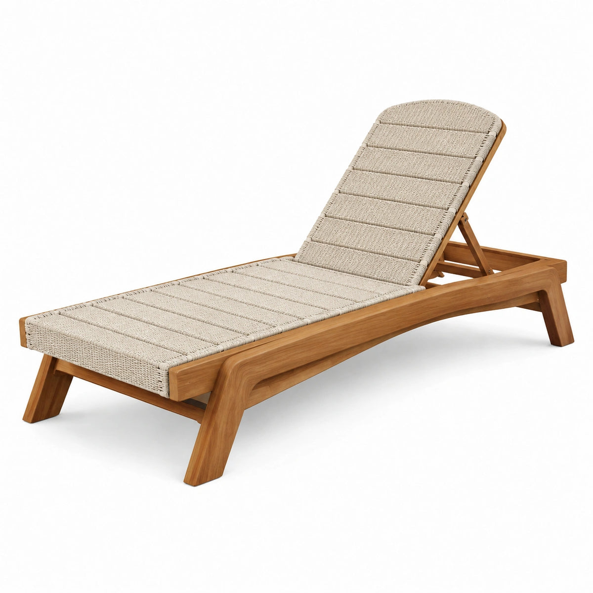Verstellbare Holz-Sonnenliege Natur/Beige mit Seilgeflecht, 200 x 70 x 35 cm