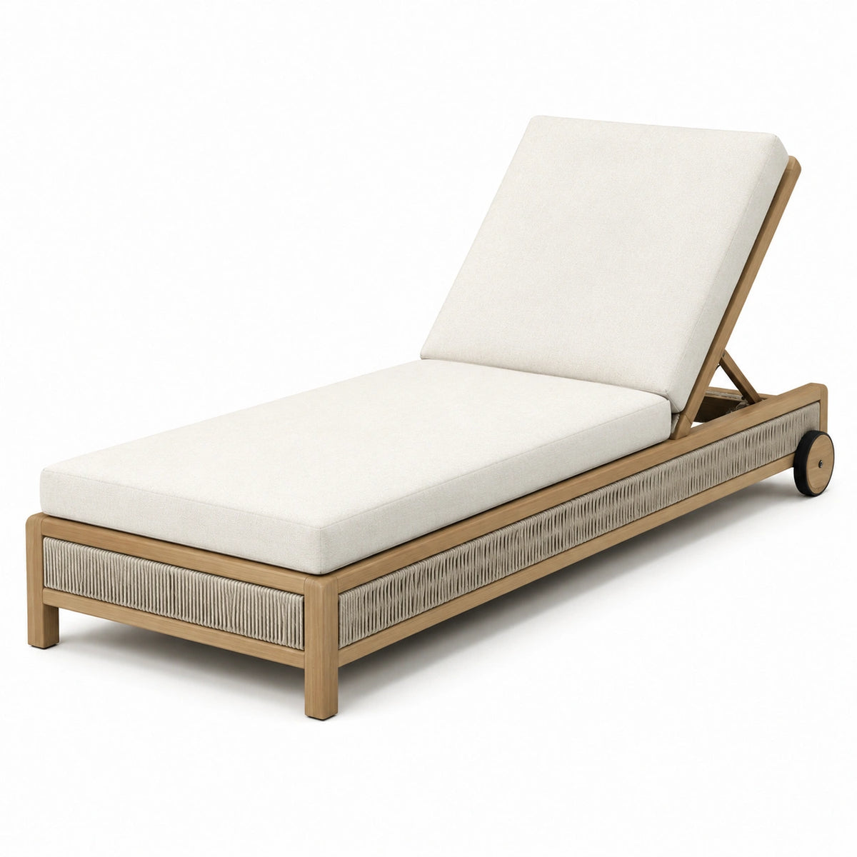 Verstellbare Sonnenliege aus Holz mit Rollen, 200 × 75 × 95 cm, Creme/Natur/Beige
