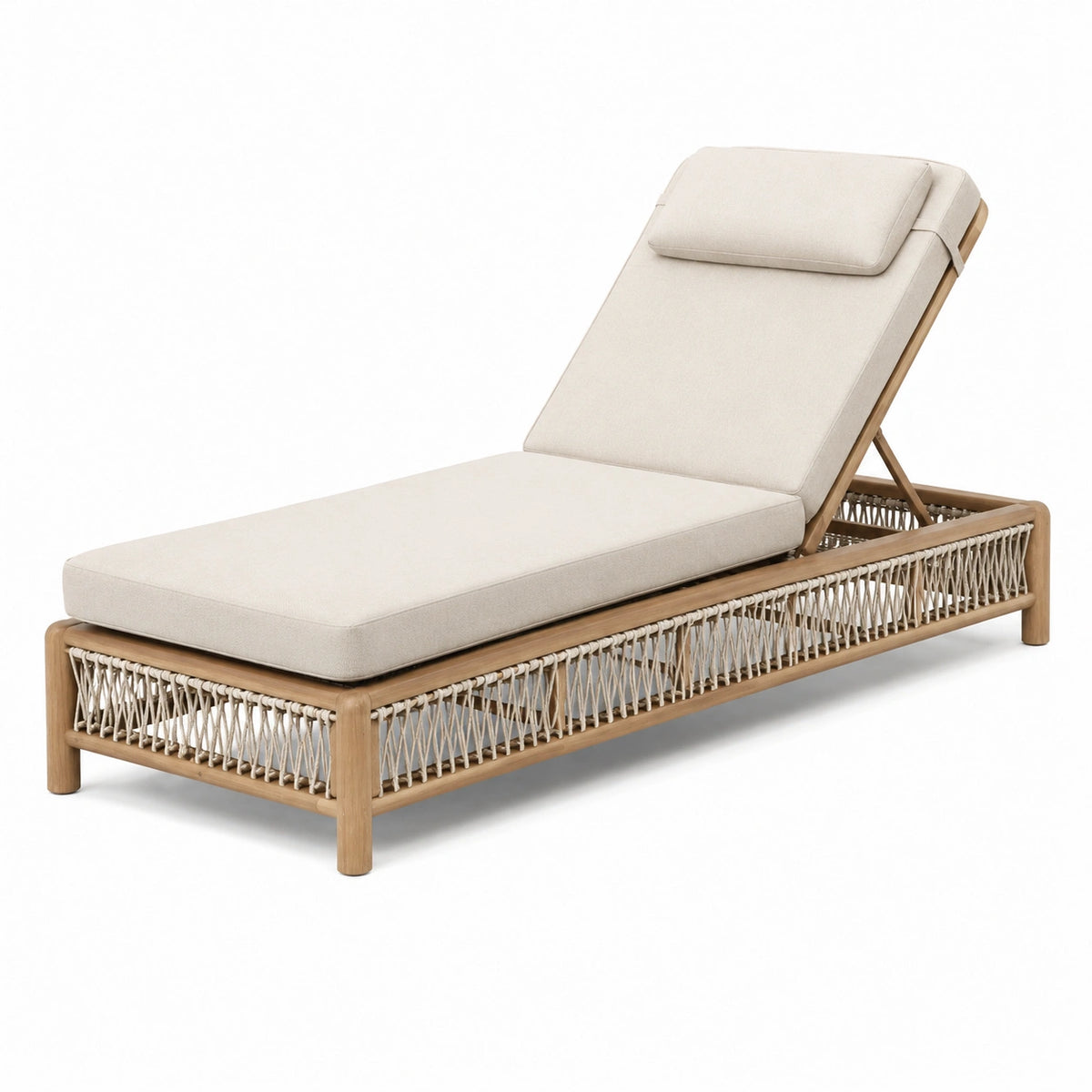Gartenliege aus Holz mit Seilbespannung, verstellbarer Rückenlehne und Polsterung, Beige/Natur, 200 × 75 × 90 cm