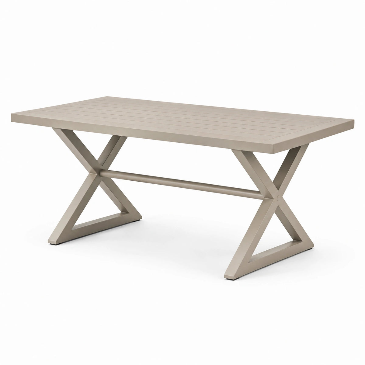 Moderner Esstisch aus Metall in Taupe, 200 × 90 × 75 cm, mit Lamellenplatte und X-Gestell