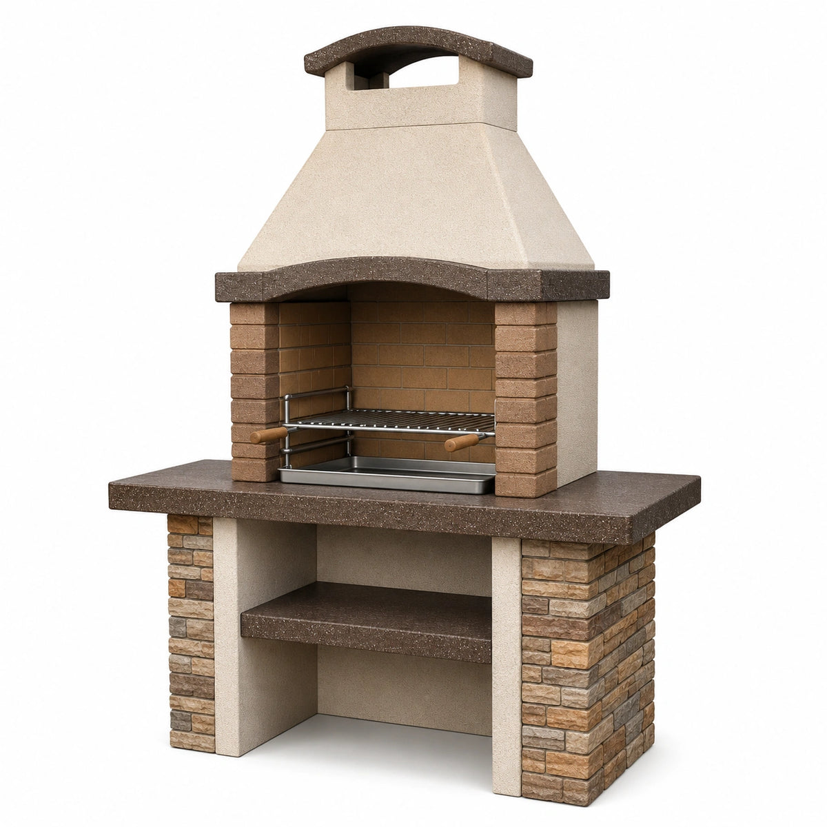 Garten-Grillkamin aus Beton und Stein, 120 × 70 × 220 cm, Beige/Braun/Dunkelbraun/Silber