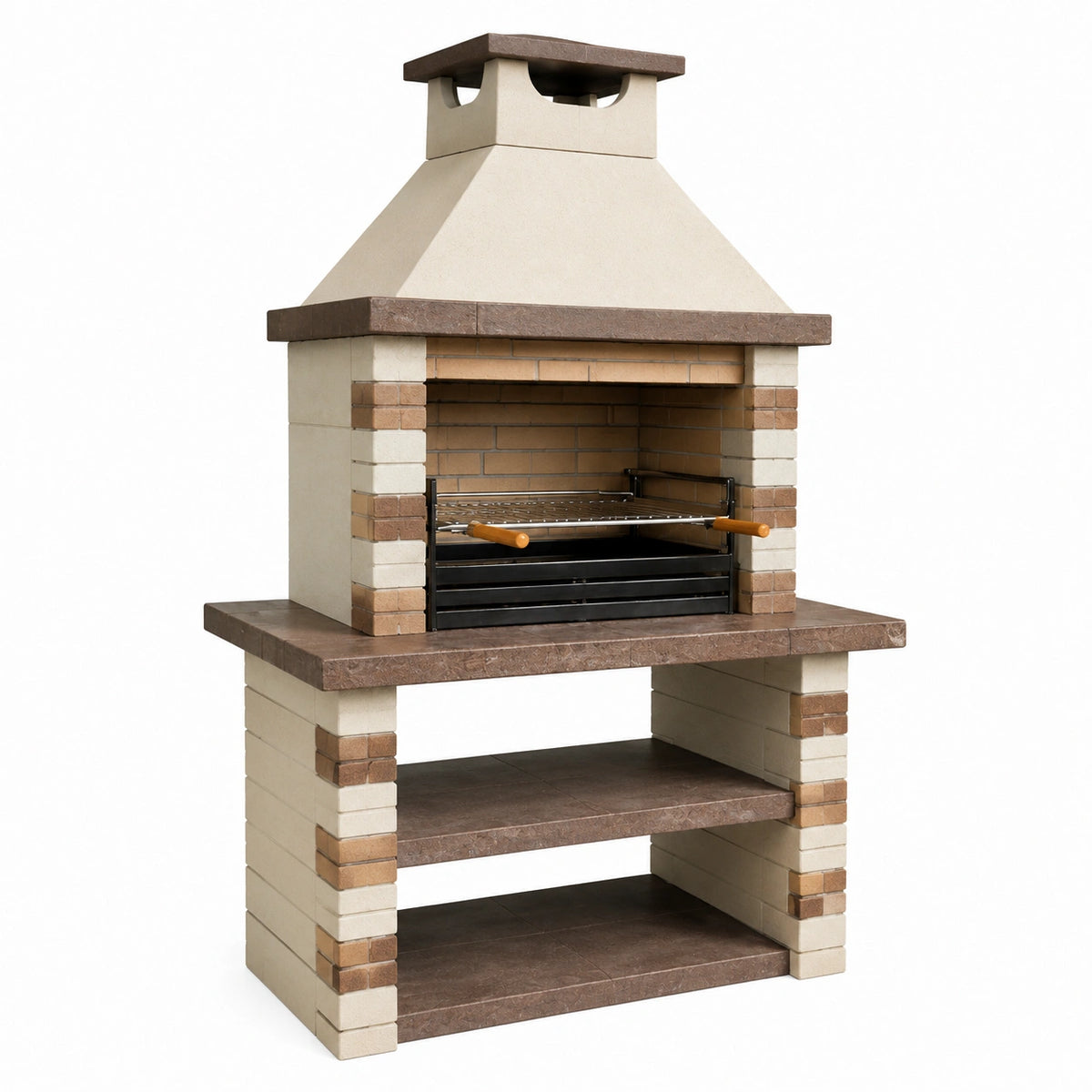 Garten-Grillkamin 125 × 70 × 220 cm in Beige/Braun/Schwarz mit Grillrost und Ablagen