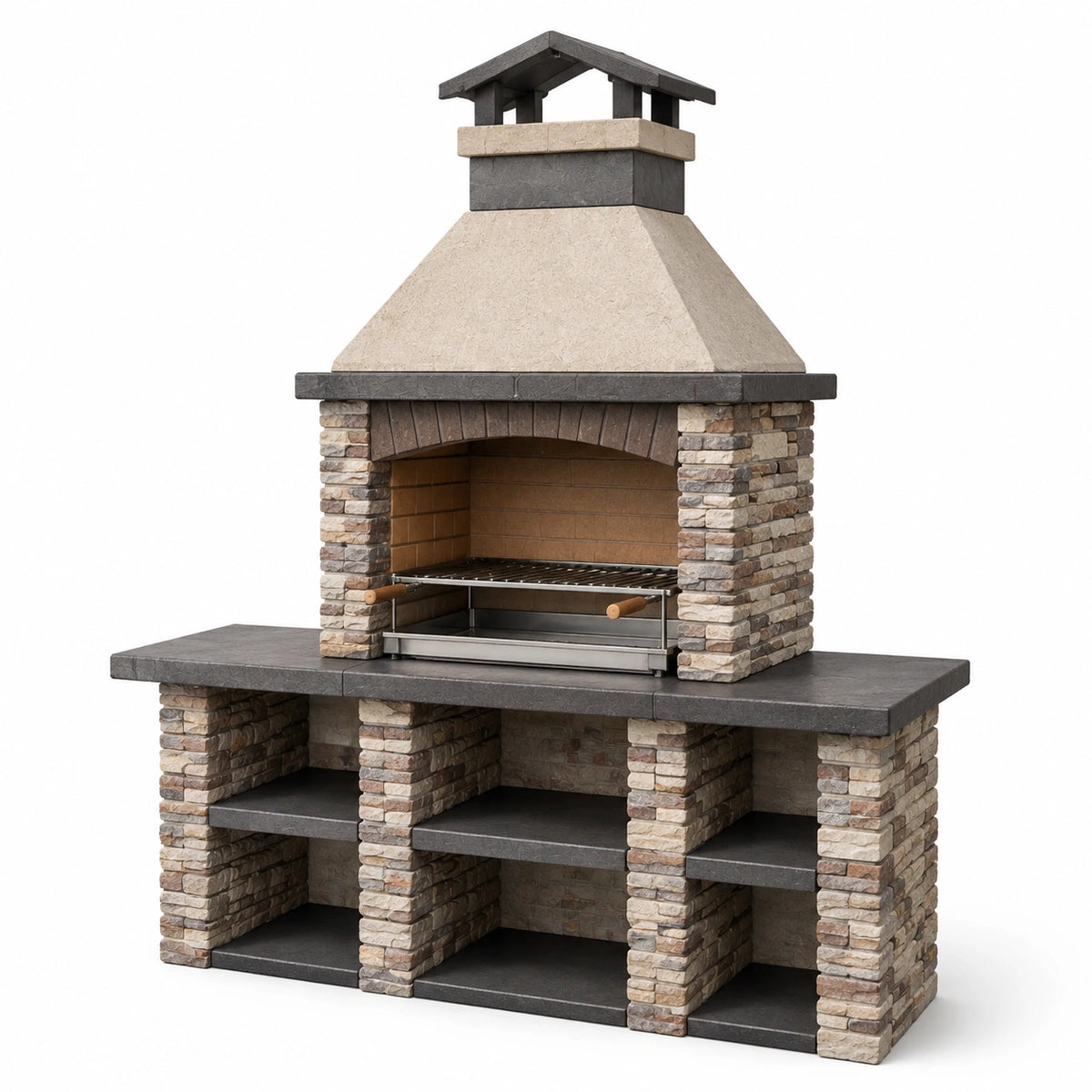Stein-Grillkamin mit Grillrost und Stauraum, 180 x 70 x 230 cm, Beige/Anthrazit/Braun/Silber