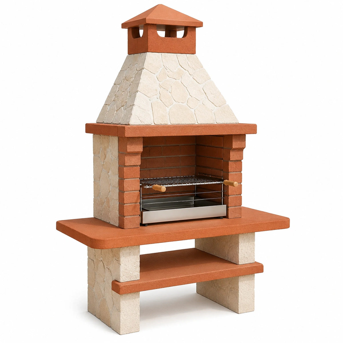 Gemauerter Grillkamin 120 × 70 × 210 cm in Terrakotta, Beige und Silber mit Edelstahlrost