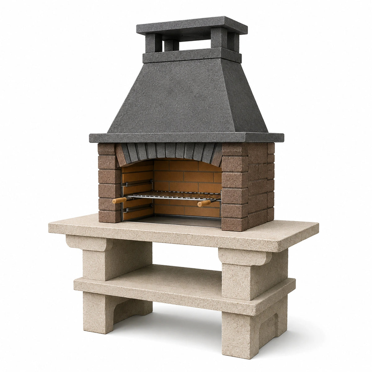Grillkamin aus Beton und Schamott, 120 × 70 × 220 cm, Braun/Anthrazit/Beige, mit höhenverstellbarem Grillrost
