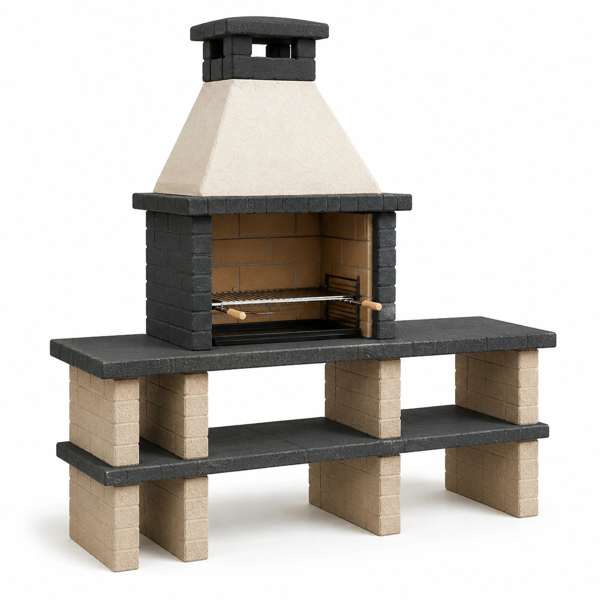 Beton-Grillkamin 140 × 70 × 210 cm in Schwarz/Beige mit Grillrost und Ablageflächen