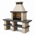 Stein-Grillkamin Beige/Anthrazit/Schwarz, 160 × 70 × 210 cm, mit höhenverstellbarem Grillrost