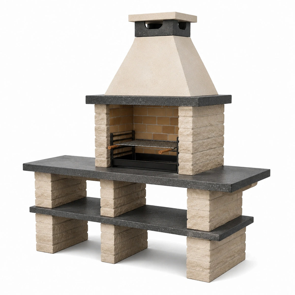 Stein-Grillkamin Beige/Anthrazit/Schwarz, 160 × 70 × 210 cm, mit höhenverstellbarem Grillrost
