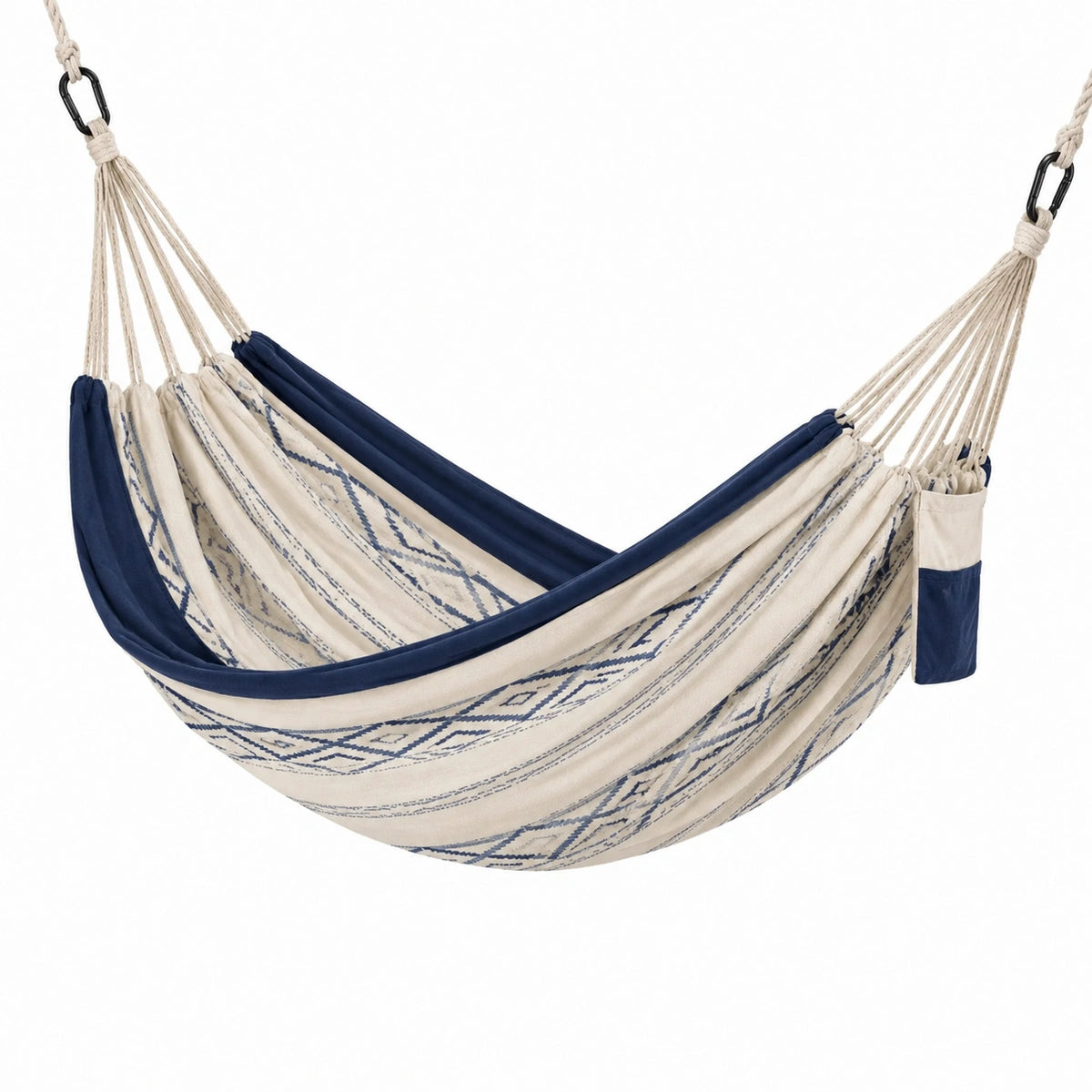 Baumwoll-Hängematte 200 × 150 cm in Beige/Dunkelblau mit geometrischem Muster und Karabinerhaken