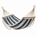 Boho-Hängematte aus Baumwolle mit Holzspreizstäben, 200 × 100 × 3 cm, Blau/Creme/Braun