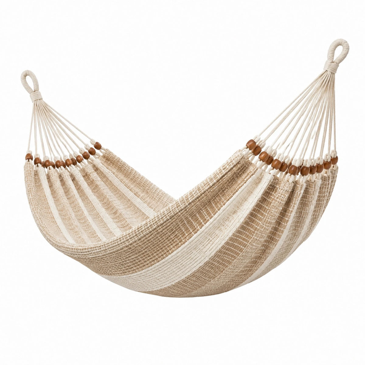Boho-Hängematte aus Baumwolle mit Holzperlen, Beige/Weiß/Braun, 200 × 100 × 5 cm