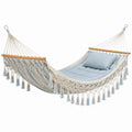 Boho-Hängematte aus Baumwolle mit Holzstäben, Blau/Creme/Naturholz, 300 × 100 × 120 cm