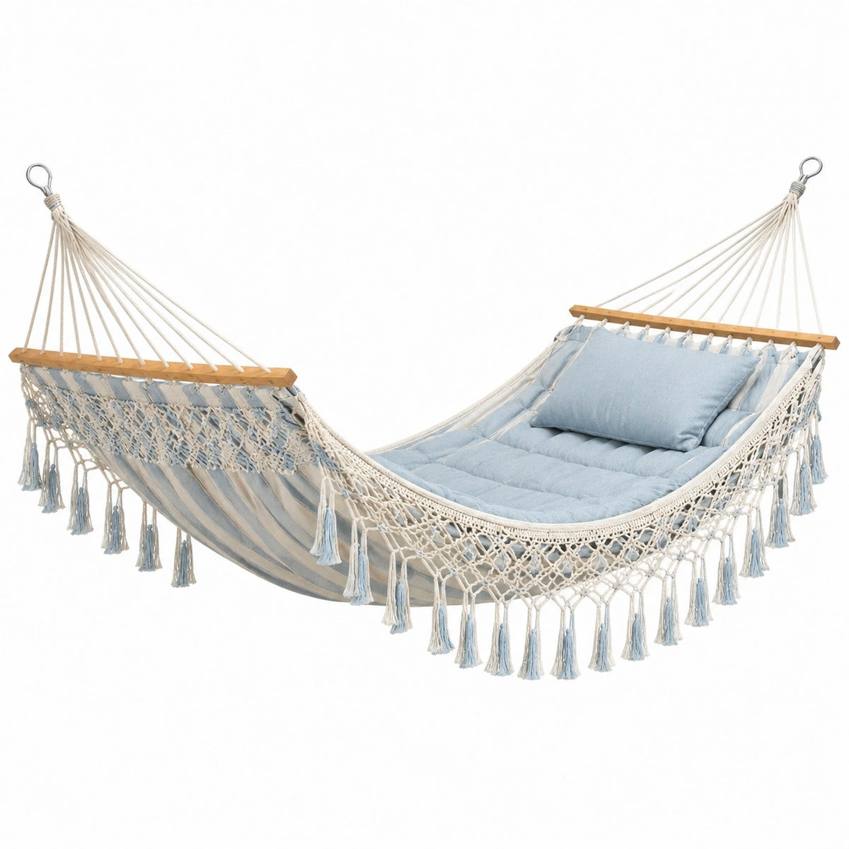 Boho-Hängematte aus Baumwolle mit Holzstäben, Blau/Creme/Naturholz, 300 × 100 × 120 cm