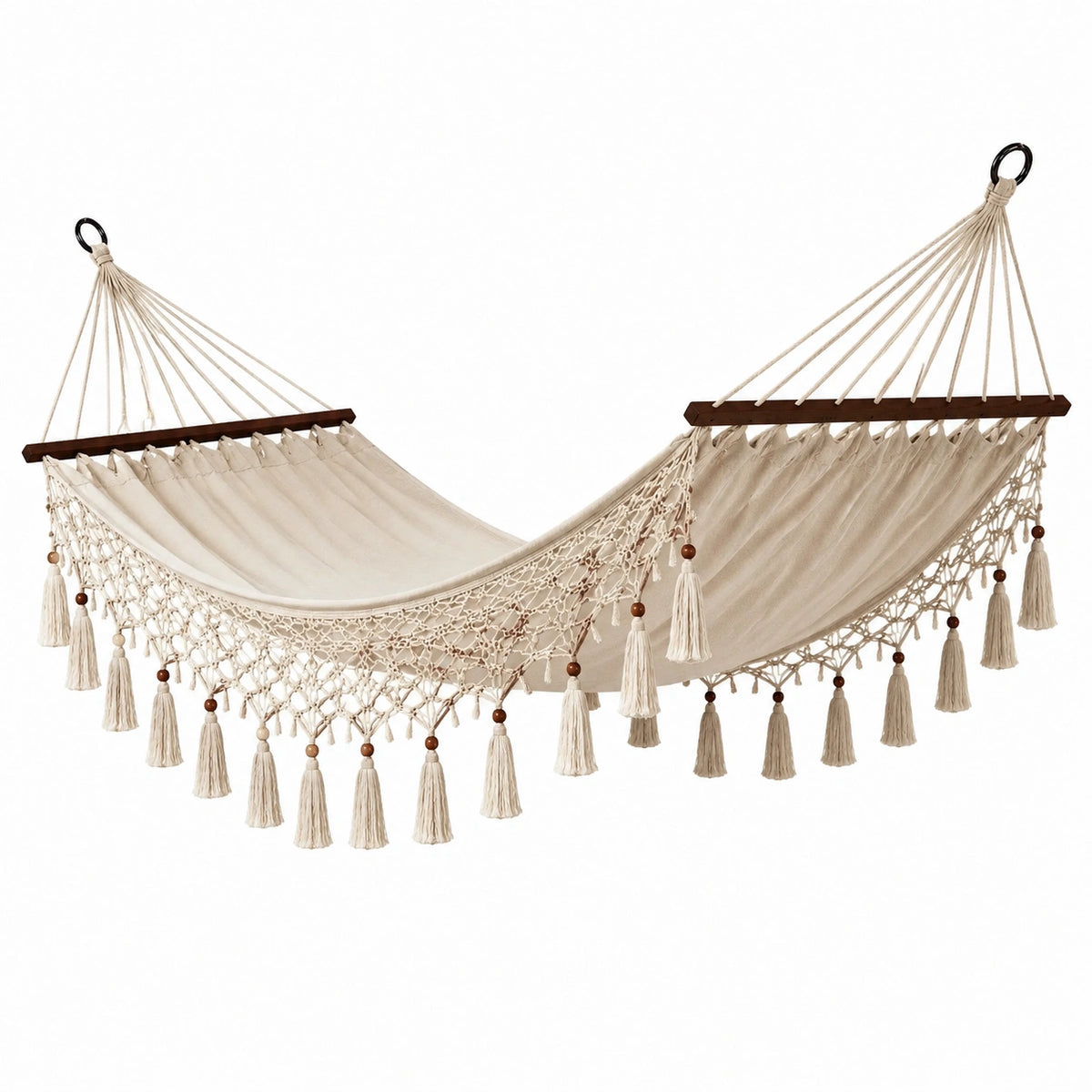 Boho-Hängematte aus Baumwolle mit Holzspreizstäben, 200 × 100 × 120 cm, Creme/Dunkelbraun/Schwarz