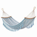 Boho-Hängematte aus Baumwolle mit Holzspreizstäben, Blau/Weiß/Braun, 280 × 100 × 120 cm